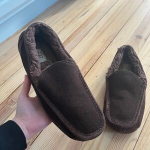 UGG Ascot Mens Suede Slippers Espresso Brown Shearling Lined Loafers Size 13